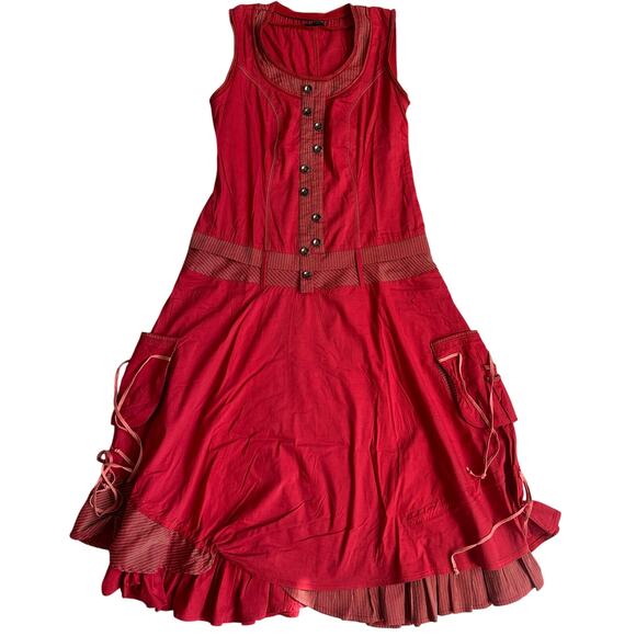 Tricotto Red, Sleeveless, Boho, Ruffled Hem, Pocketed, Midi Dress- S - Picture 1 of 10